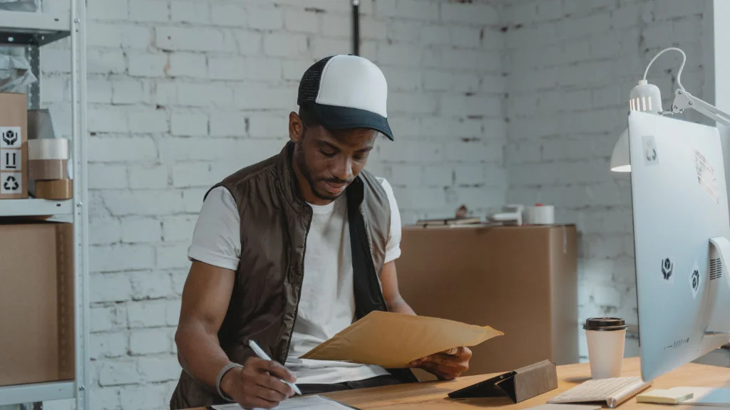 Operador faz a organização de estoque preenchendo documentos e checando envelope em mesa de trabalho.