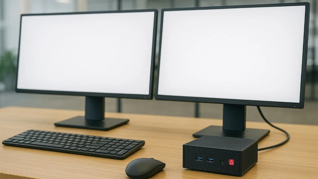Estação de trabalho moderna com Mini PC preto, dois monitores e periféricos sobre a mesa.