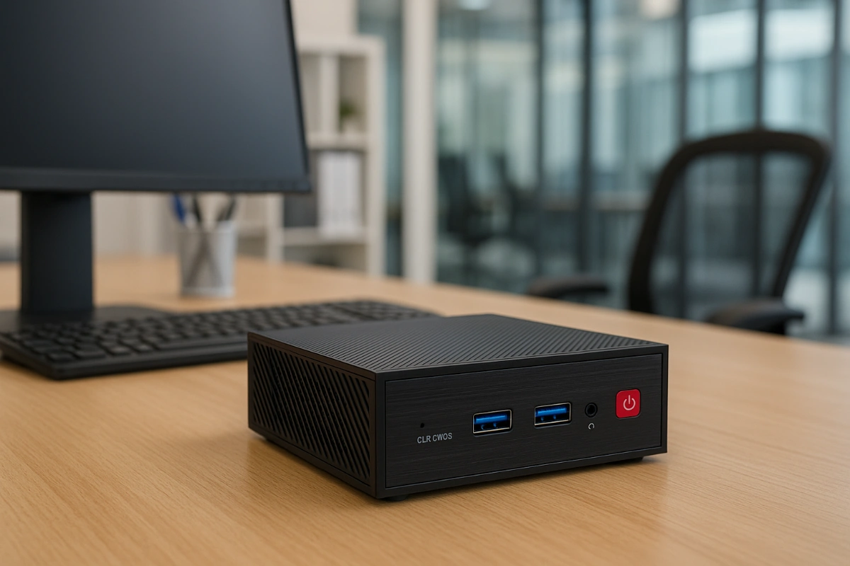 Mini PC preto da Gear Bit posicionado ao lado de monitor e teclado em um ambiente de trabalho.