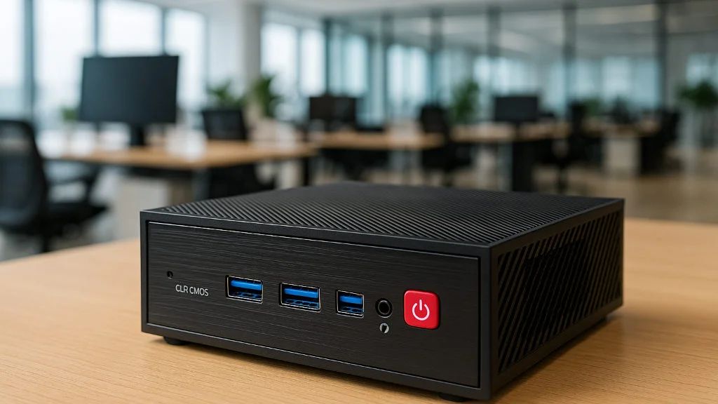 Mini PC preto da Gear Bit em destaque sobre mesa de madeira em um ambiente corporativo moderno.