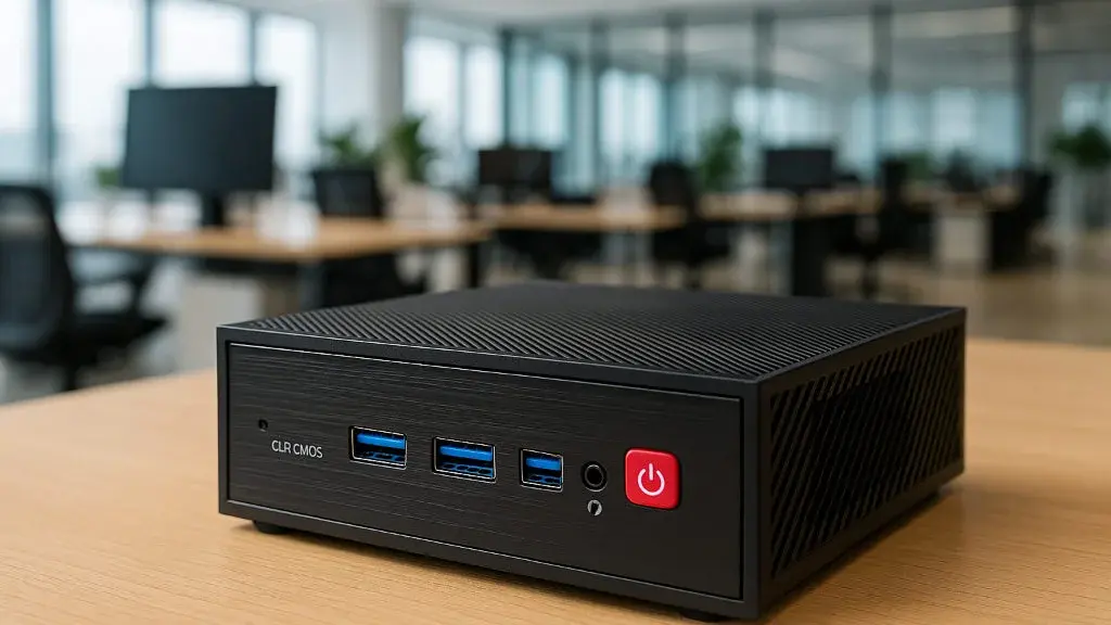 Mini PC preto da Gear Bit em destaque sobre mesa de madeira em um ambiente corporativo moderno.