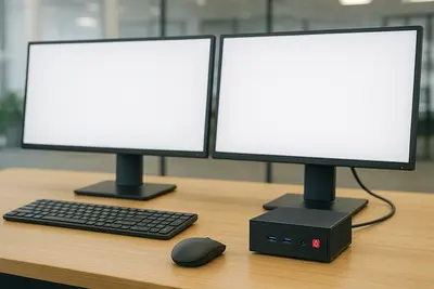 Setup completo com Mini PC e monitores duplos