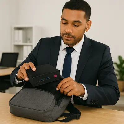 Executivo guardando Mini PC na mochila